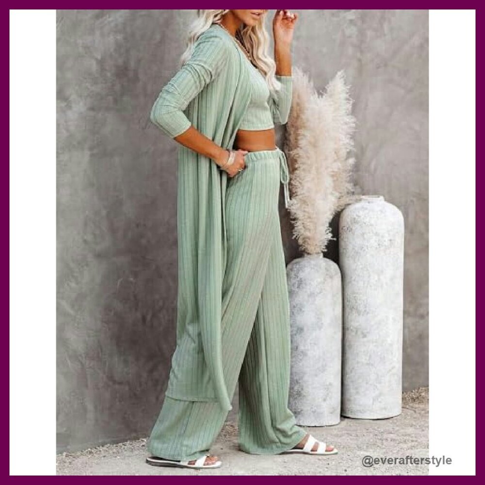3 Piece Lounge Set Knit Cardigan Crop Top Wide Leg Pants Comfy Chic - Picture 6 of 8
